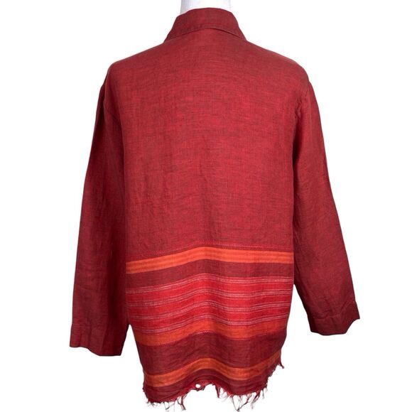 Garnet Hill Linen Blouse 14 Terracotta Red Orange Stripes Fringe Hem - Picture 12 of 16